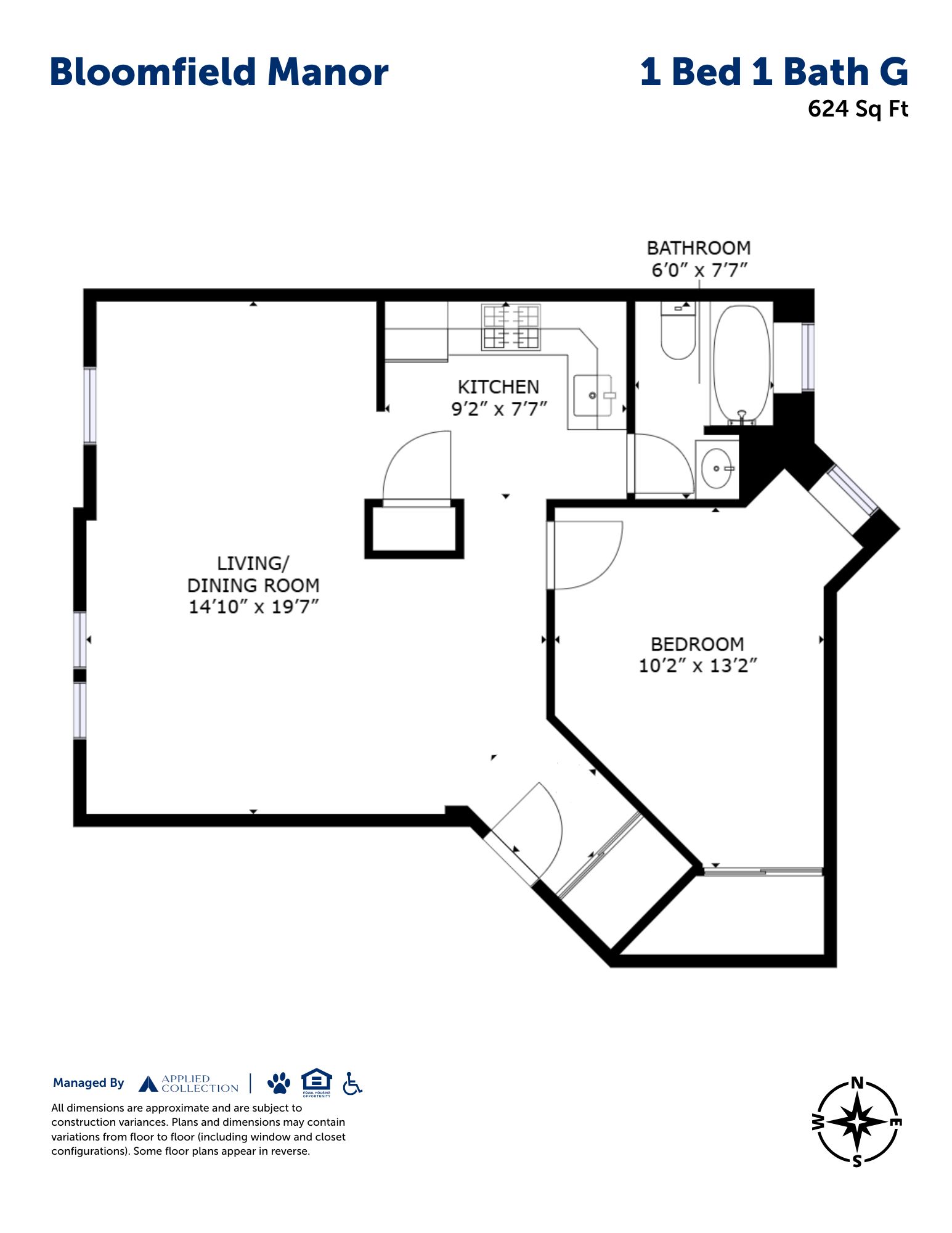 Floor plan for 1 bed, 1 bath, 624 sqft